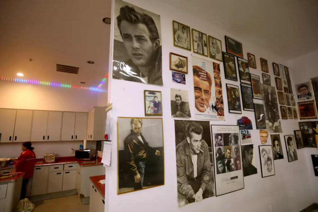 Photographs of actor James Dean hang inside Blackwell’s Corner in Kern County. (Genaro Molina / Los Angeles Times)